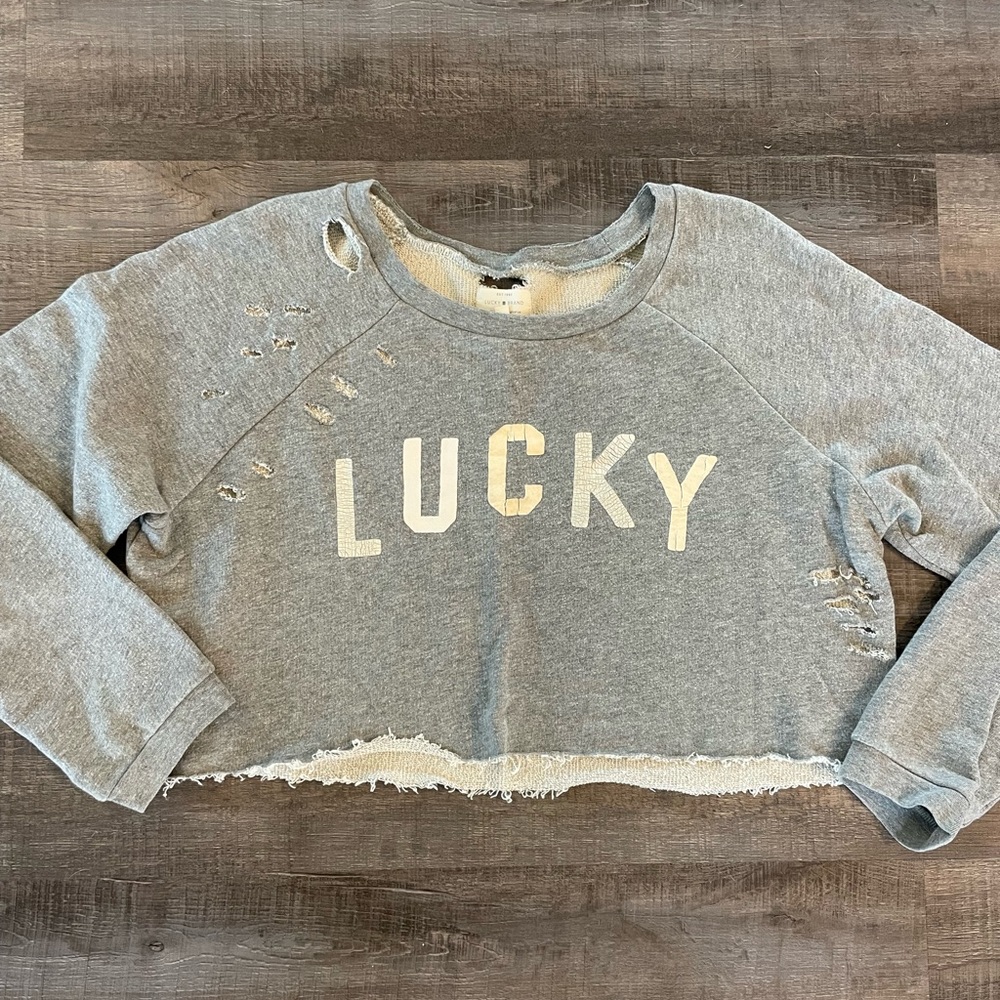 Lucky Brand Distressed Crop Sweatshirt Pullover